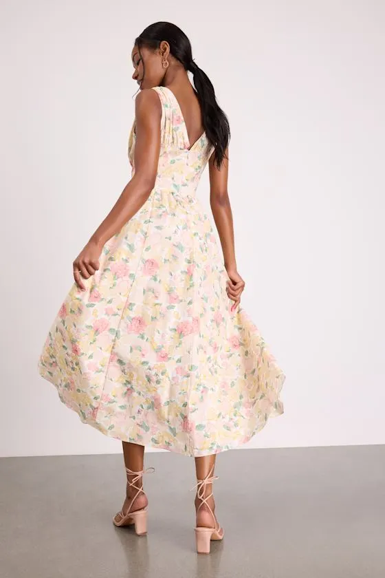 Lettie Ivory Multi Floral Poplin Plunge Neck Midi Dress