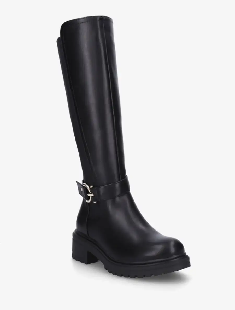 Classic Statement Stretch Panel Strap Detail Block Heel Faux Leather Knee High Boots