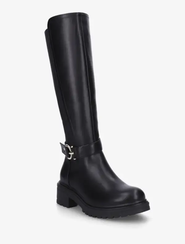 Classic Statement Stretch Panel Strap Detail Block Heel Faux Leather Knee High Boots