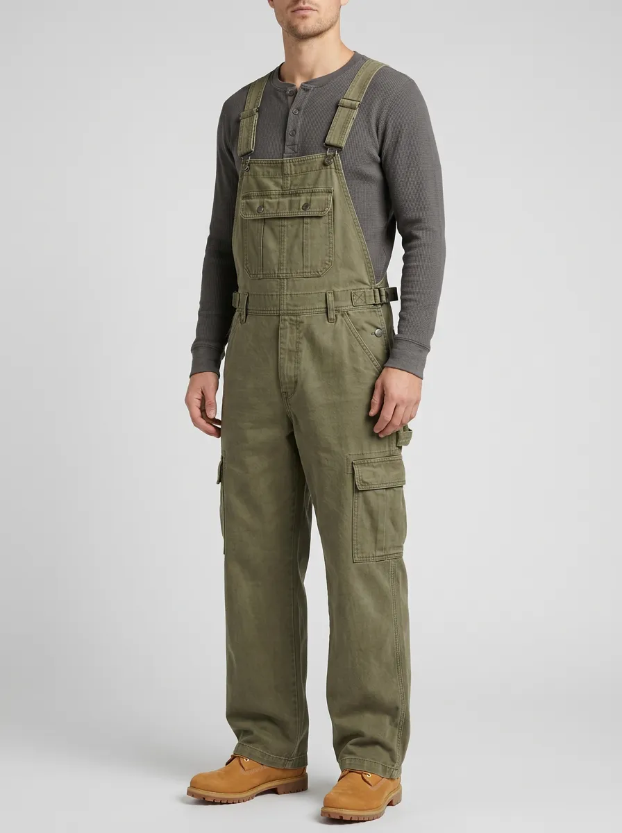 Men's Olive Green Workwear Cargo Bib Overalls with Chest Pocket