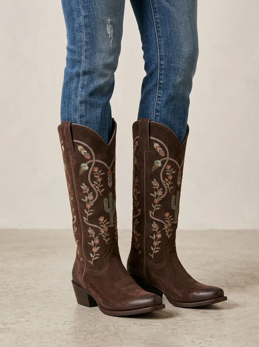 Women's Western Cactus Floral Wing Embroidered Piped Pointed-Toe Denim Over-the-Knee Boots