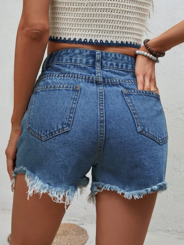 Lightweight Distressed Raw Hem Denim Shorts