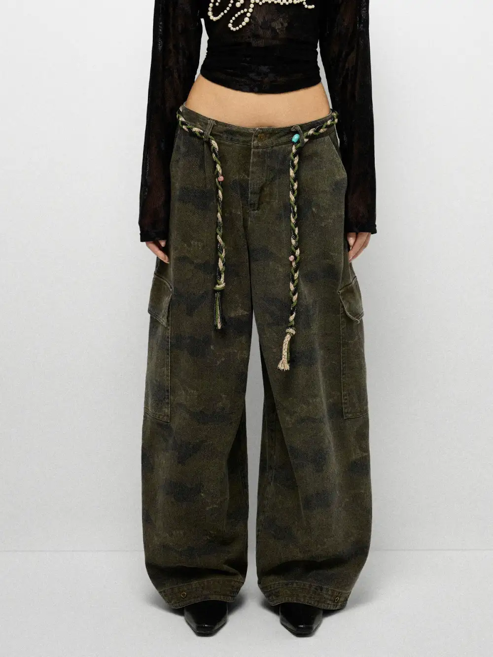 Wide-Leg Printed Cargo Pants