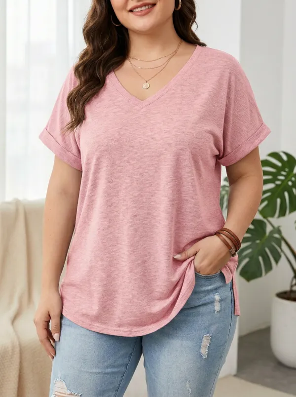 Women's Plus Size Casual Grey Rolled Sleeve V-Neck T-Shirt