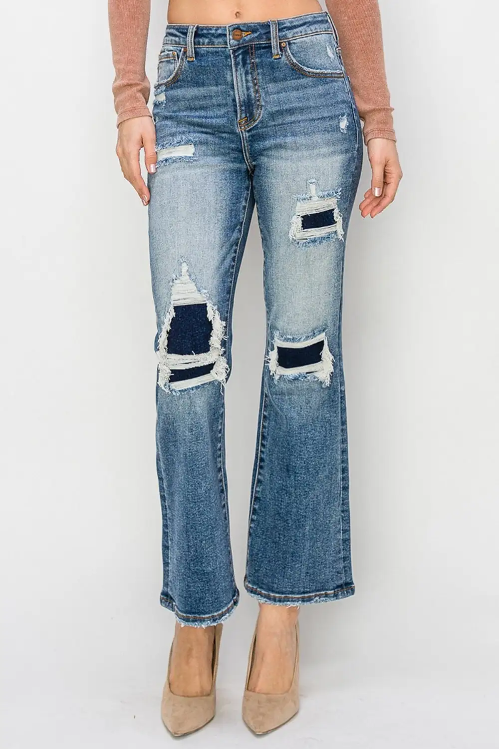 Smooth High Waist Flare Leg Distressed Denim Jeans