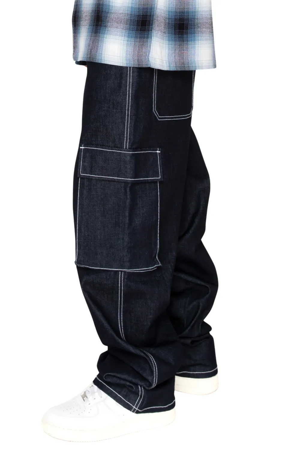 Men's Baggy Fit Raw Denim Cargo Jeans