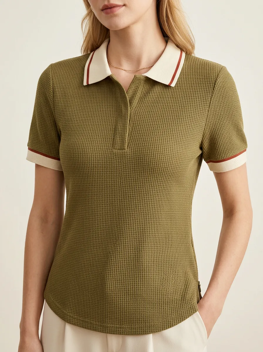 Women's Waffle-Knit Contrast-Collar Collared Polo Shirt
