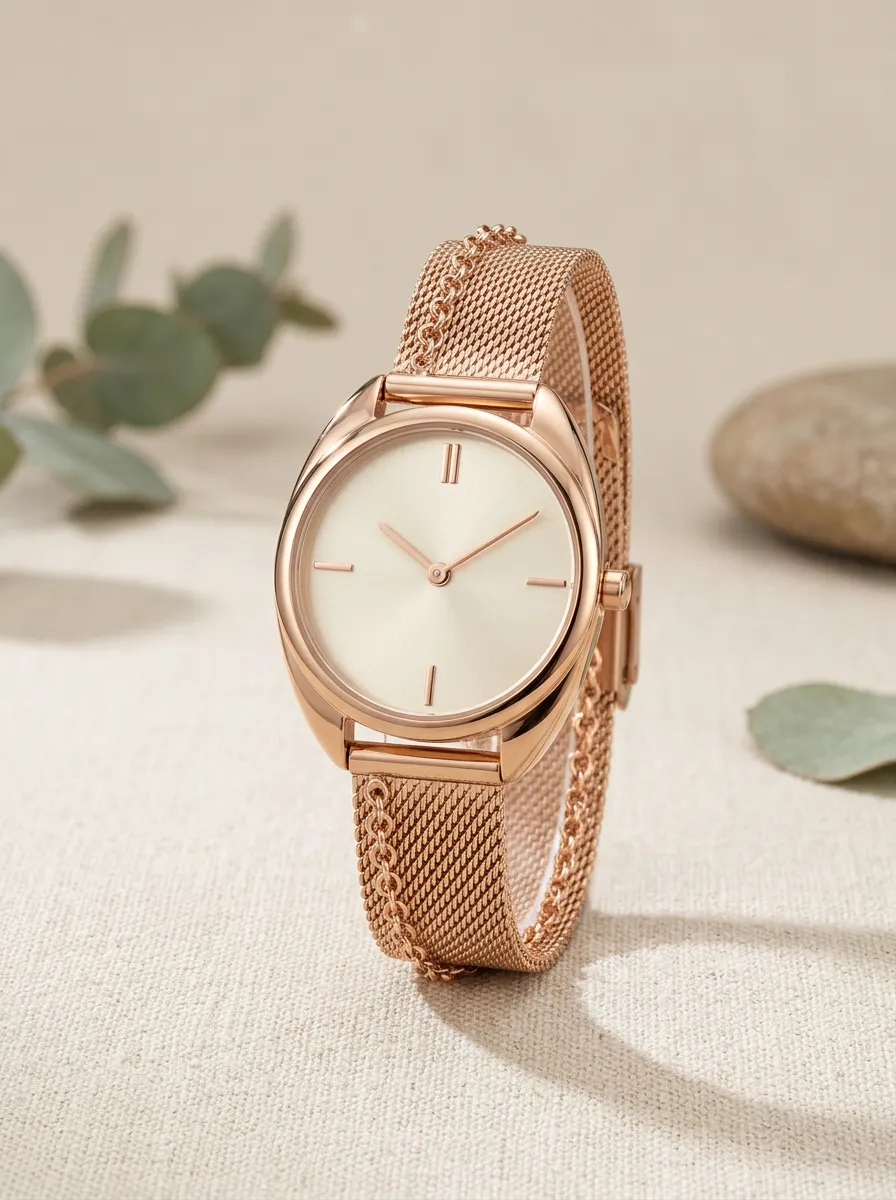 Elegant Rose Gold Mesh Strap Minimalist Watch