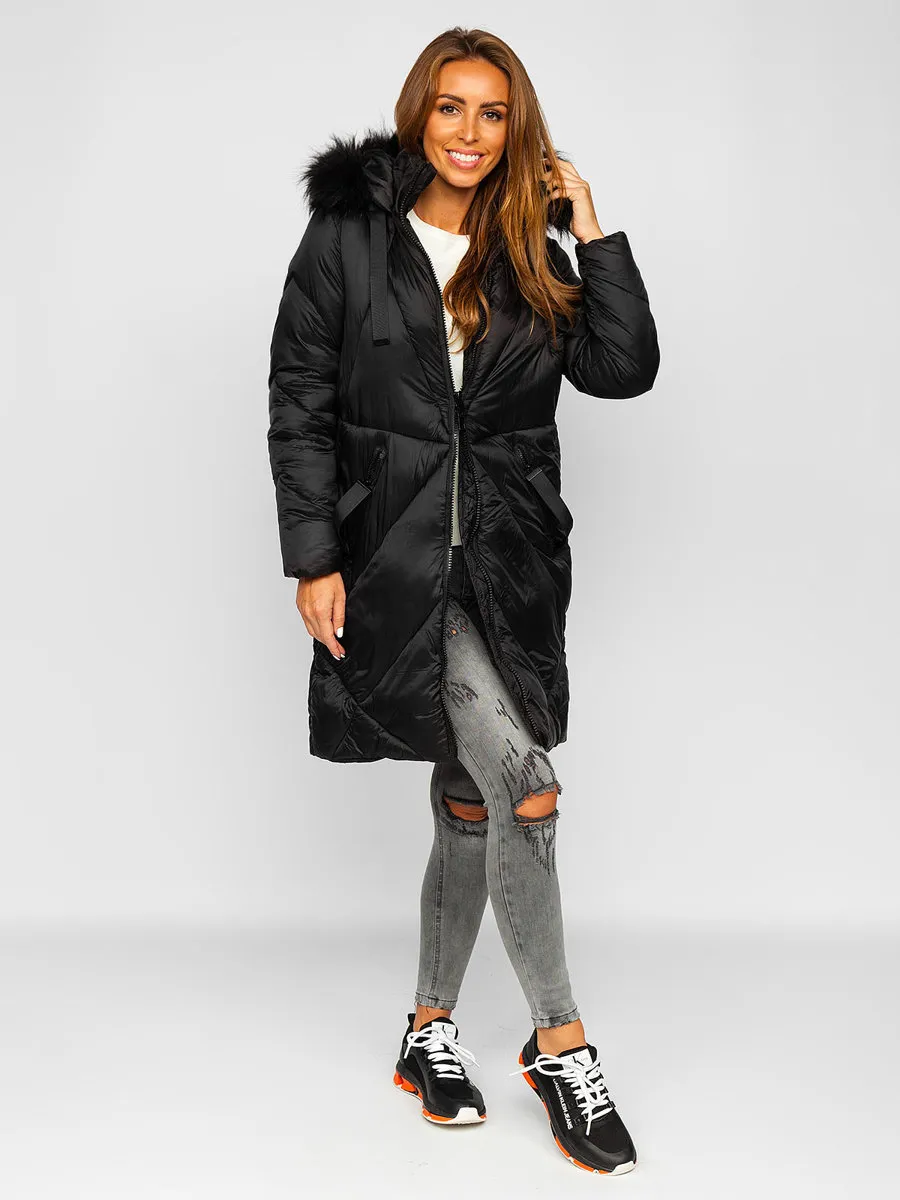 women's black quilted winter jacket with hood