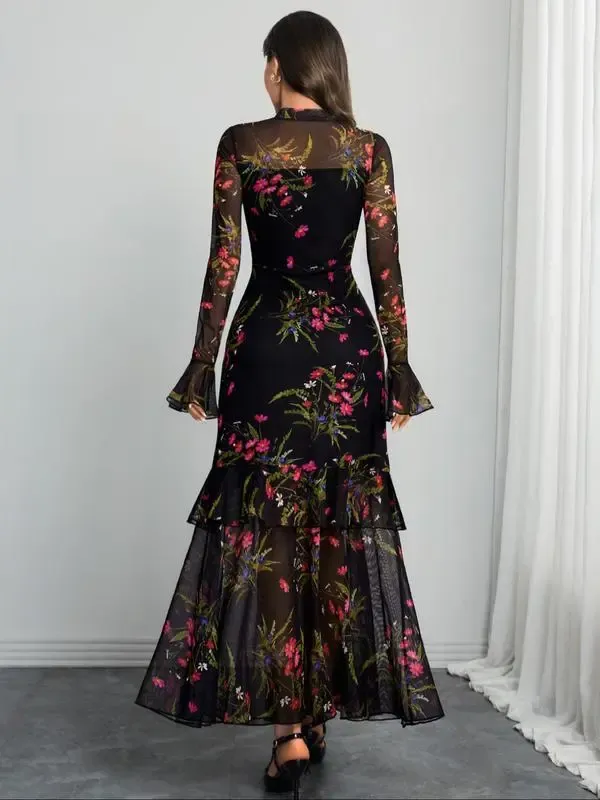 Women's Floral Print Dress, Elegant Gothic Long Sleeve Dress for Party Holiday Wedding Guest, Ladies Clothes for All Seasons