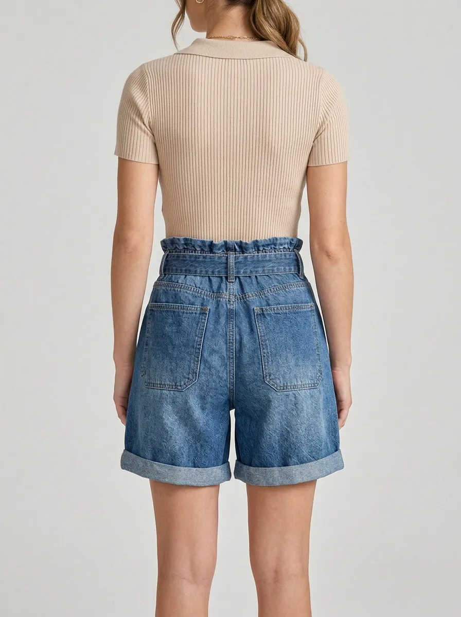 Women's High-Waisted Paperbag Button-Front Denim Shorts