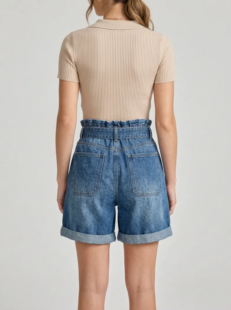 Women's High-Waisted Paperbag Button-Front Denim Shorts