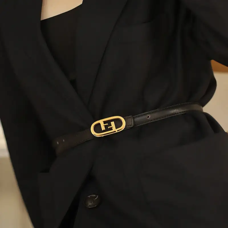 Textured Leather Belt with Golden Buckle