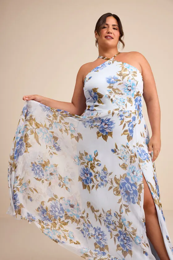 Romantic Marvel Navy Floral Print Halter Neck Maxi Dress