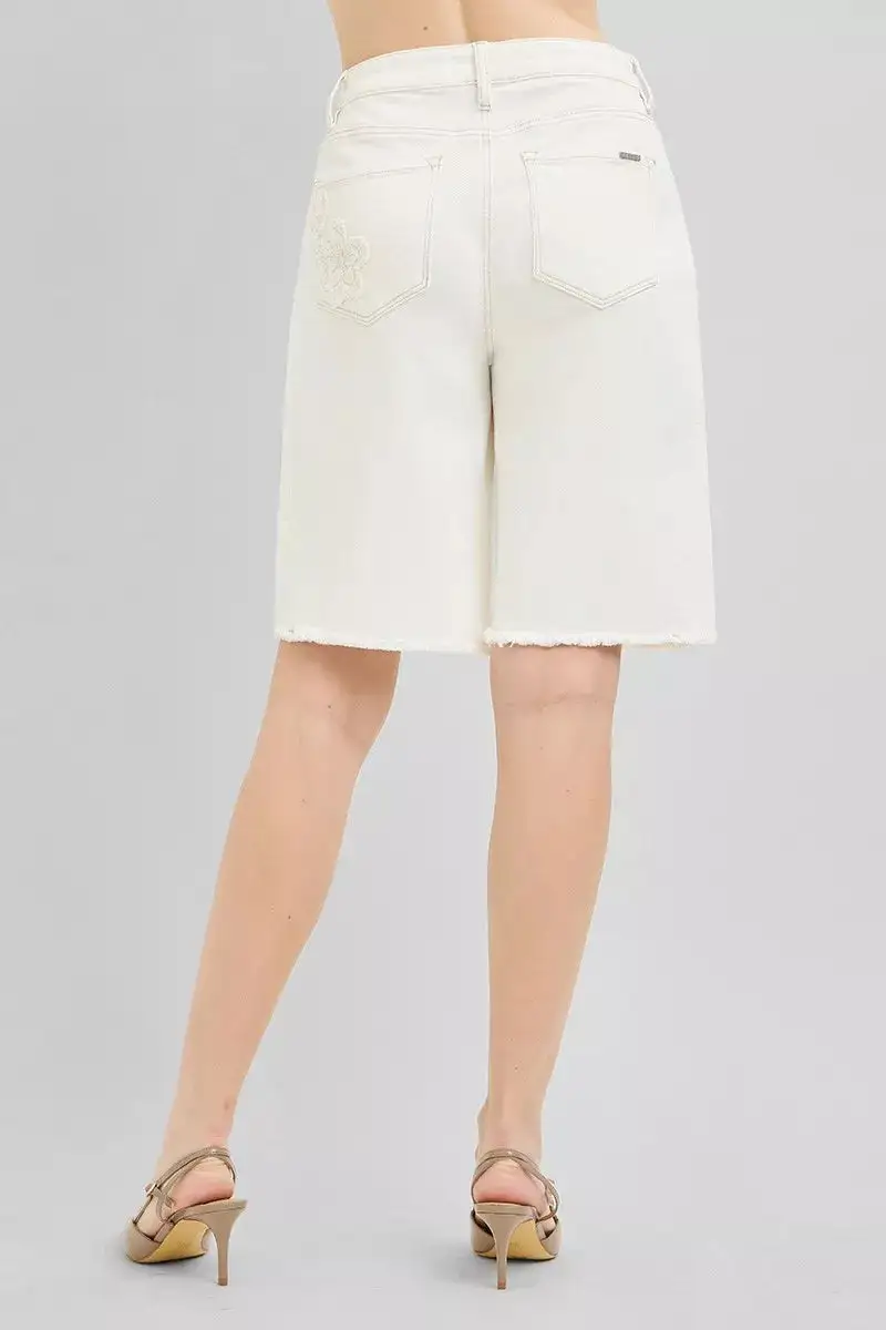 Risen Slouchy Relaxed Embroidered Bermuda Denim Shorts