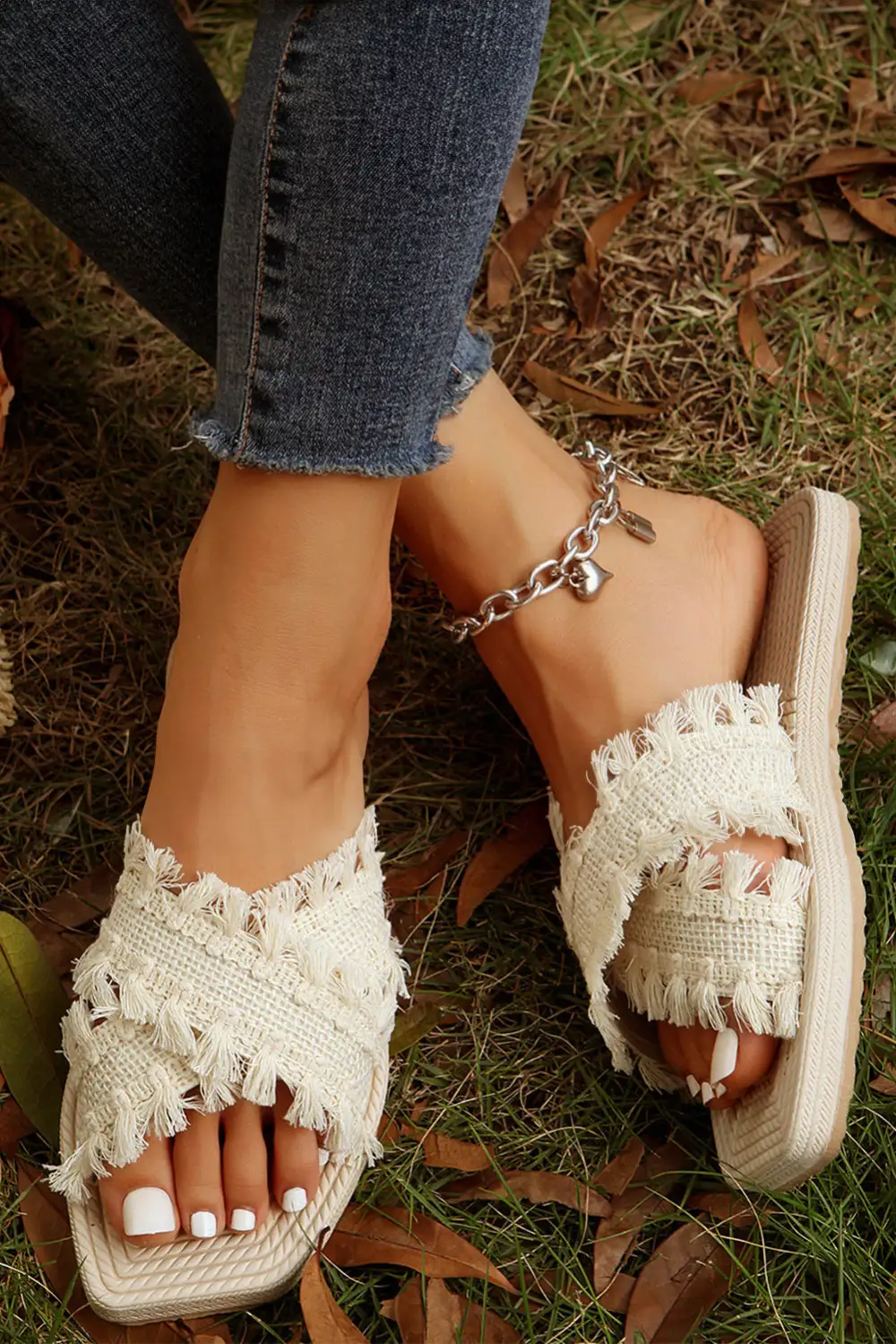 Tassel Woven Strap Flat Sandals
