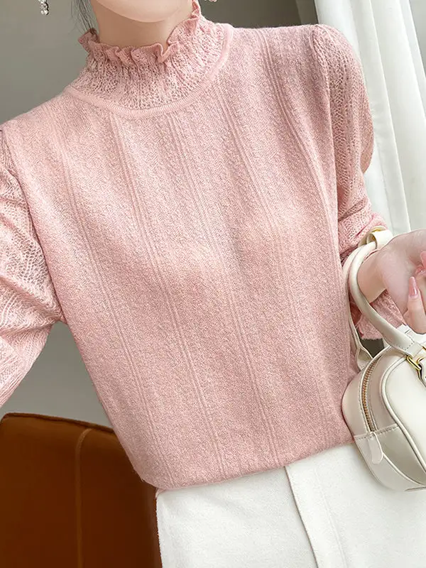 Long Sleeve Relaxed Elasticity Ruffle Trim Mock Neck T-Shirt