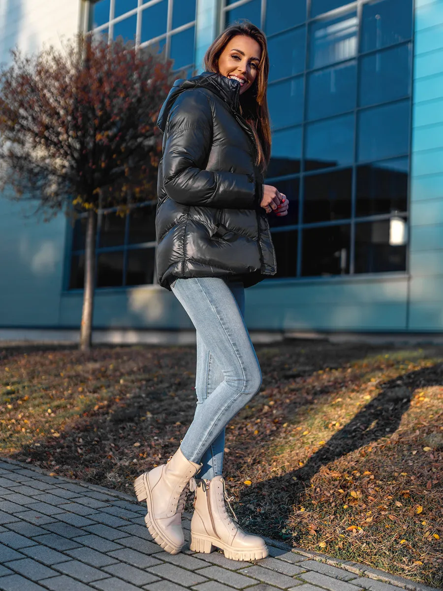 women's black quilted winter jacket with hood