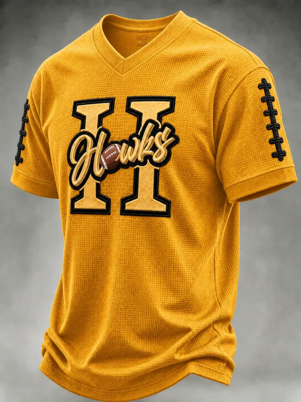 Men'S College Football Fan Splicing Waffle V-Neck T-Shirt