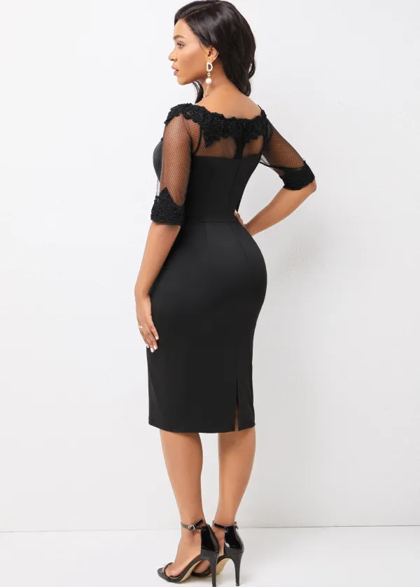 3/4 Sleeve Lace Stitching Mesh Panel Dress