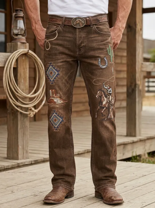 Men's Western Cowboy Rodeo Horse Cactus Jeans
