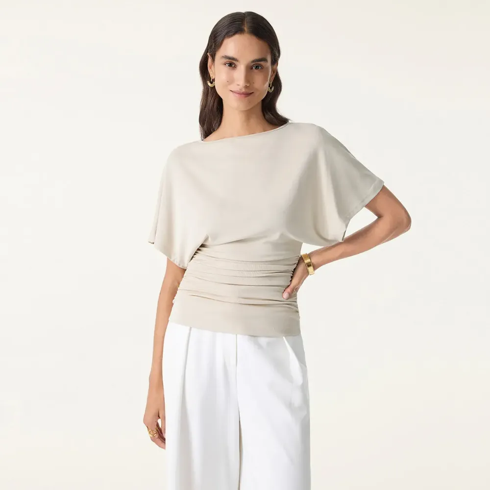 Effortless Boatneck Batwing Sleeve Side Ruched Top - Stylish & Comfortable Women's Fashion baju  kelawar  outfit SpringStatements