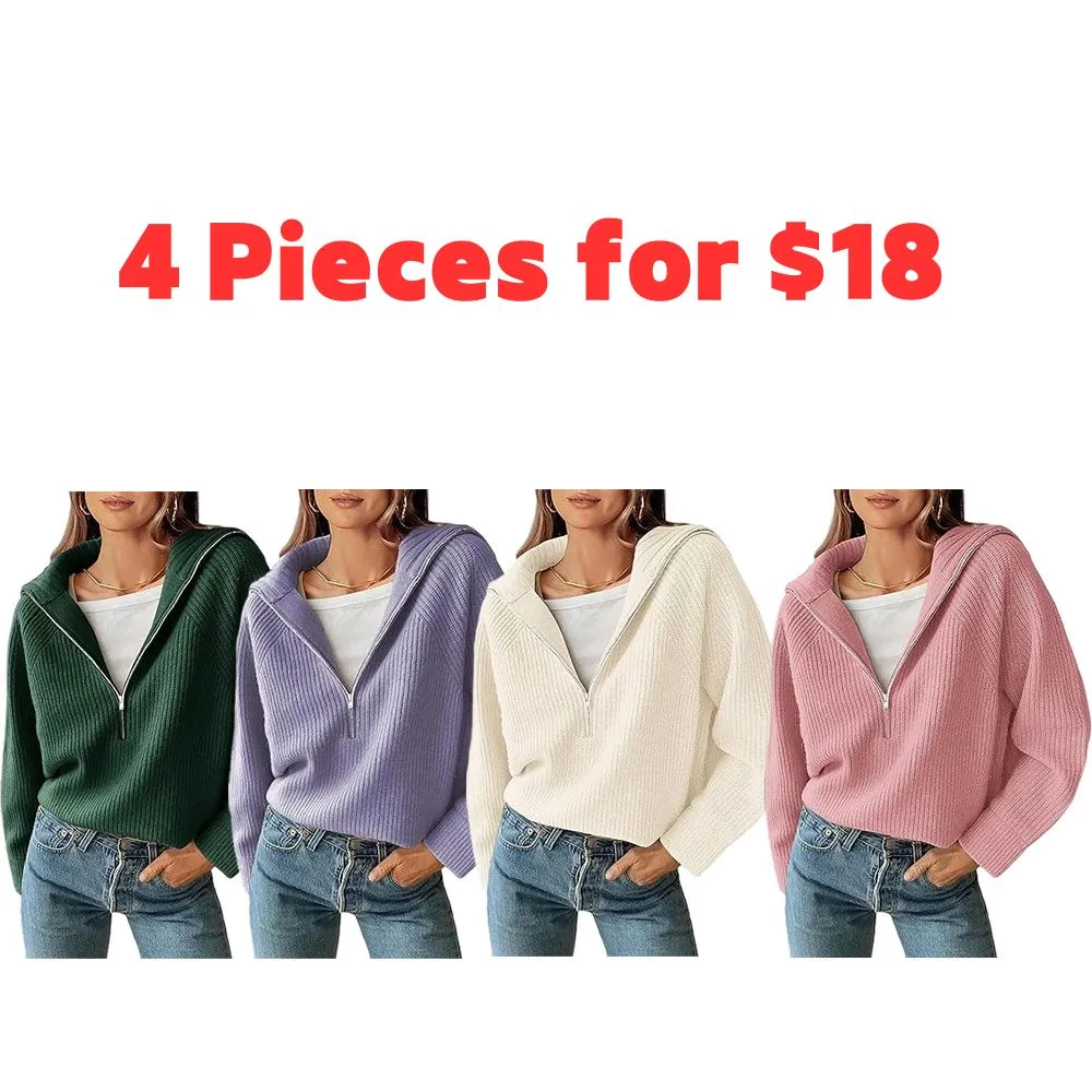 🔥Last day promotion⏰Women's 2525 Quarter Zip Pullover V Neck Collar Long Sleeve Ribbed Knit Loose Casual Sweater