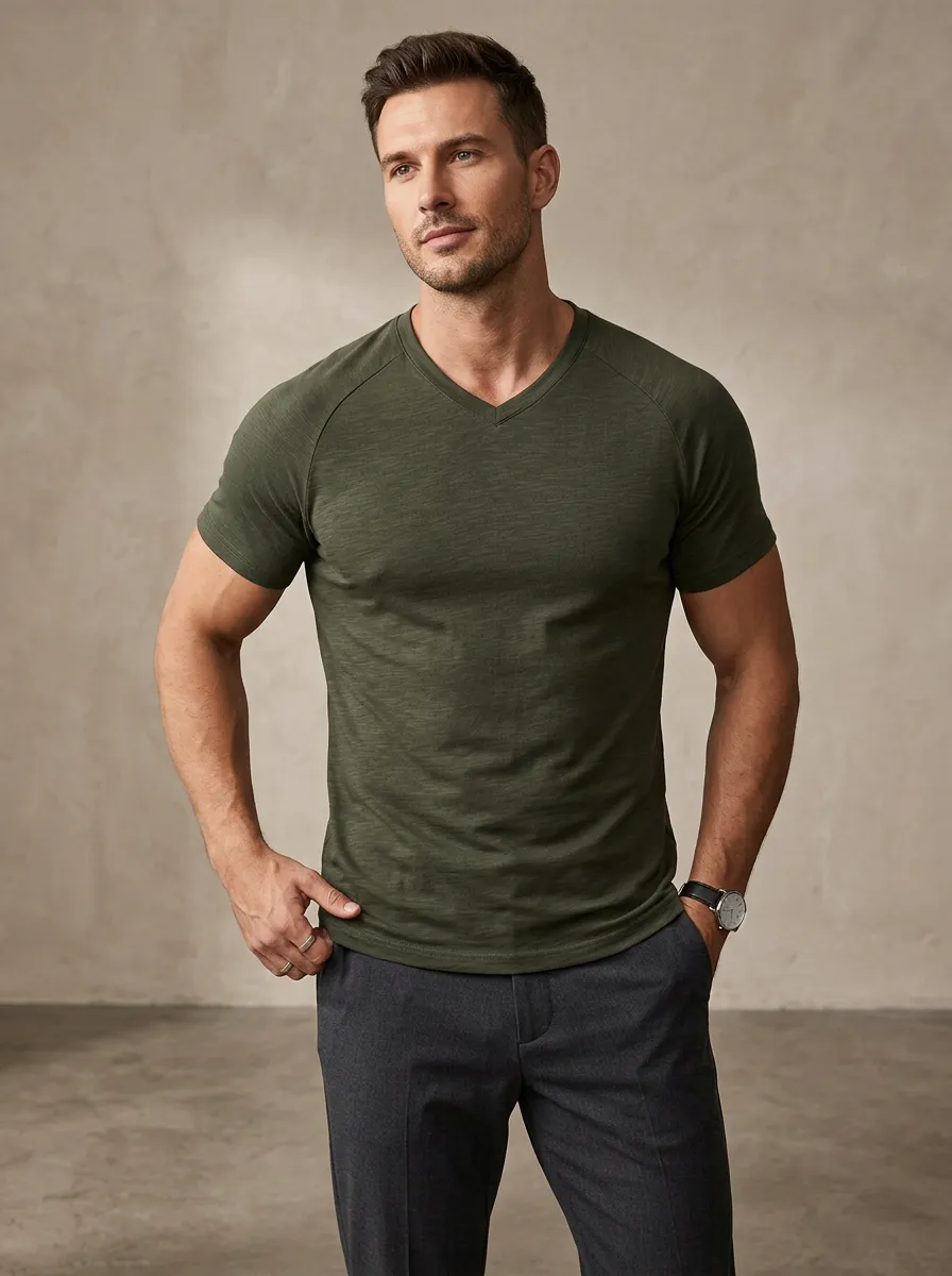 Minimal Raglan Sleeve V-Neck Layering Style Men's Slim Fit Short Sleeve T-Shirt