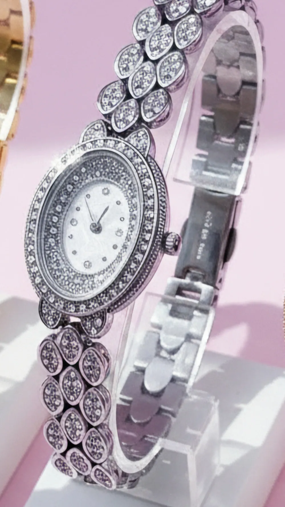 Oval Face Crystal Bezel Floral Fashion Watch