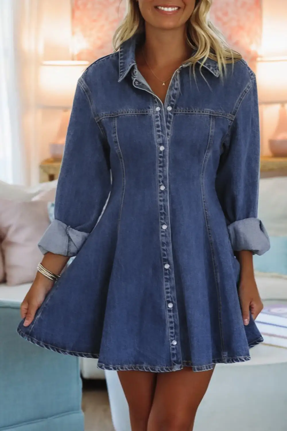 Denim Shirt Collar Long Sleeve Flared Mini Dress