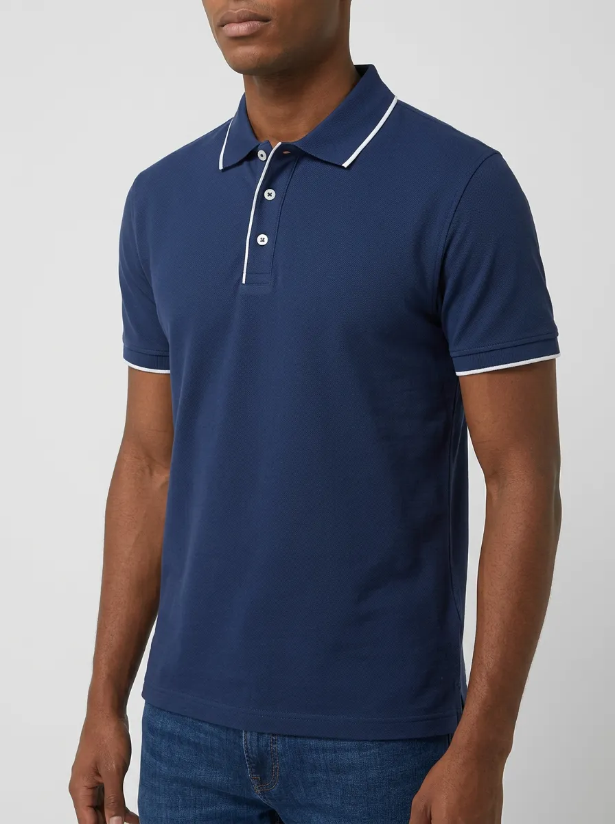 Men's Classic Knit Ribbed Textured Tipped-Collar Contrast-Trim Polo Shirt