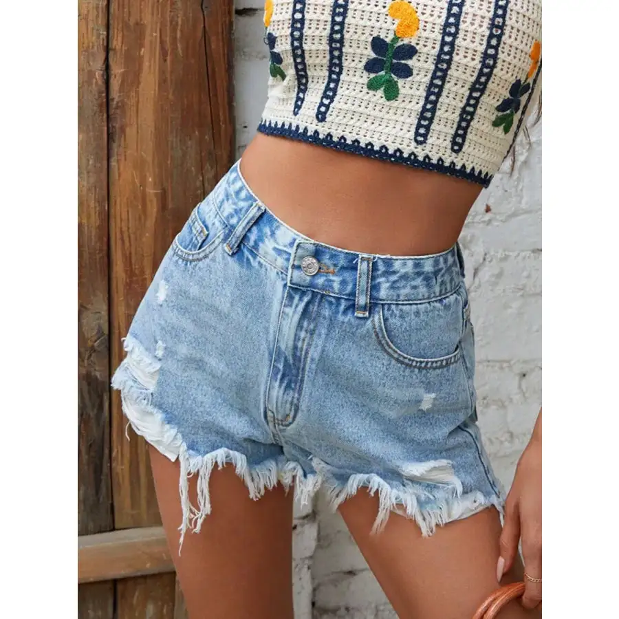 Relaxed Buttoned Raw Hem Distressed Pocketed Shorts