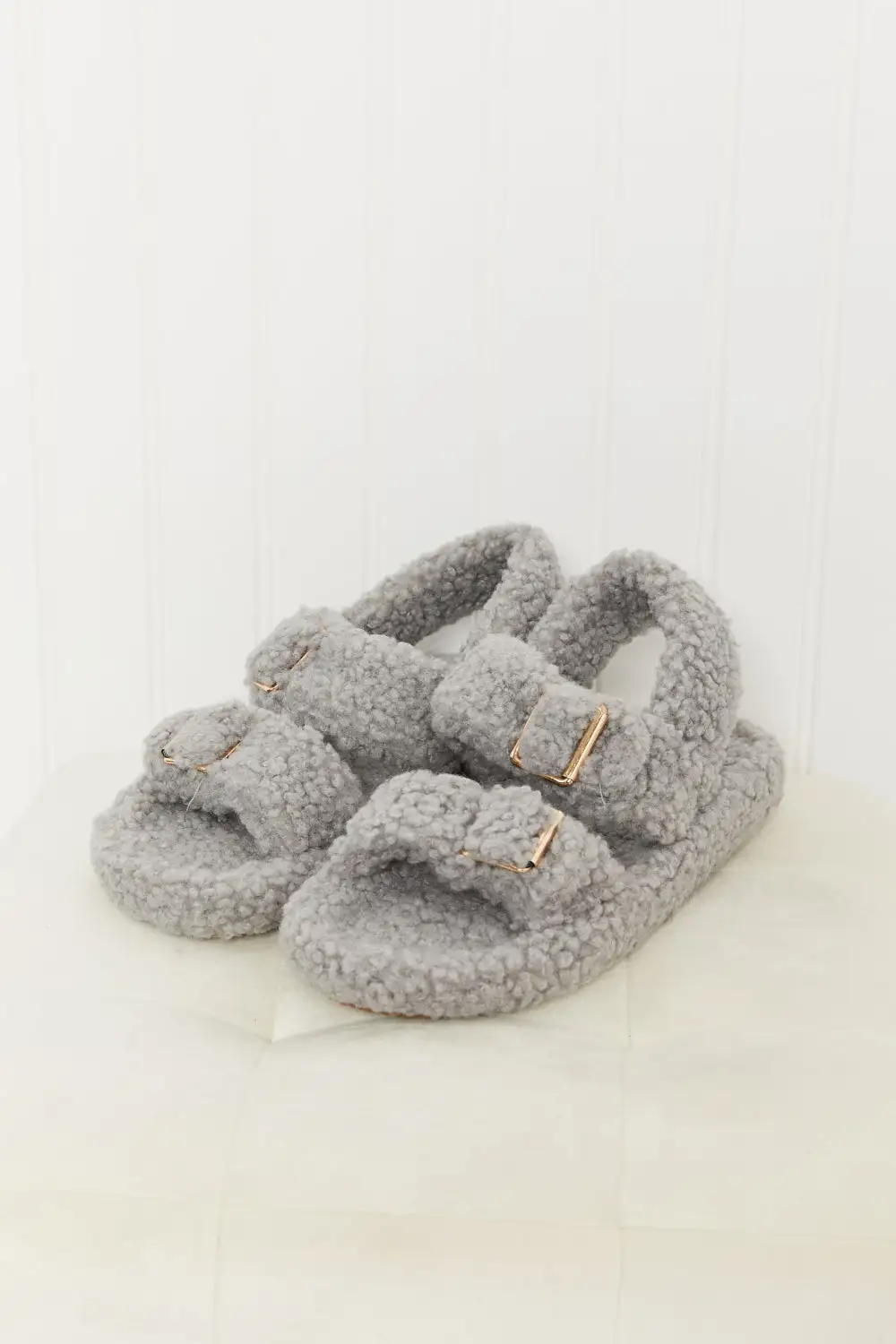 Faux Fur Buckled Flat Sandals
