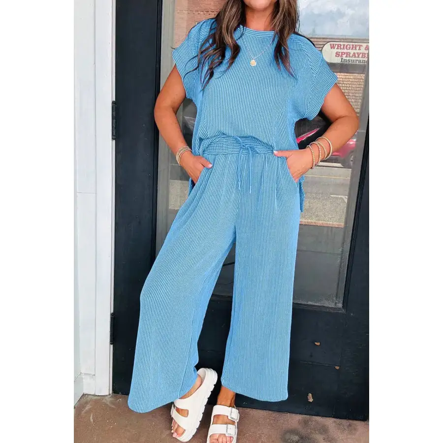 Ribbed Knit Round Neck Top and Pants Casual Set