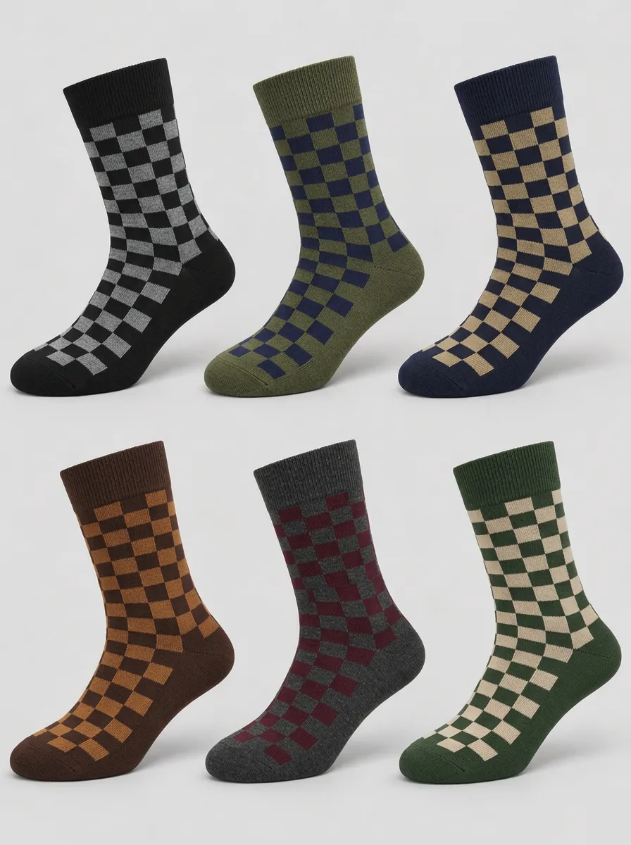 Men's Multicolor Checkered Pattern Checkerboard Crew Socks Multi-Pack