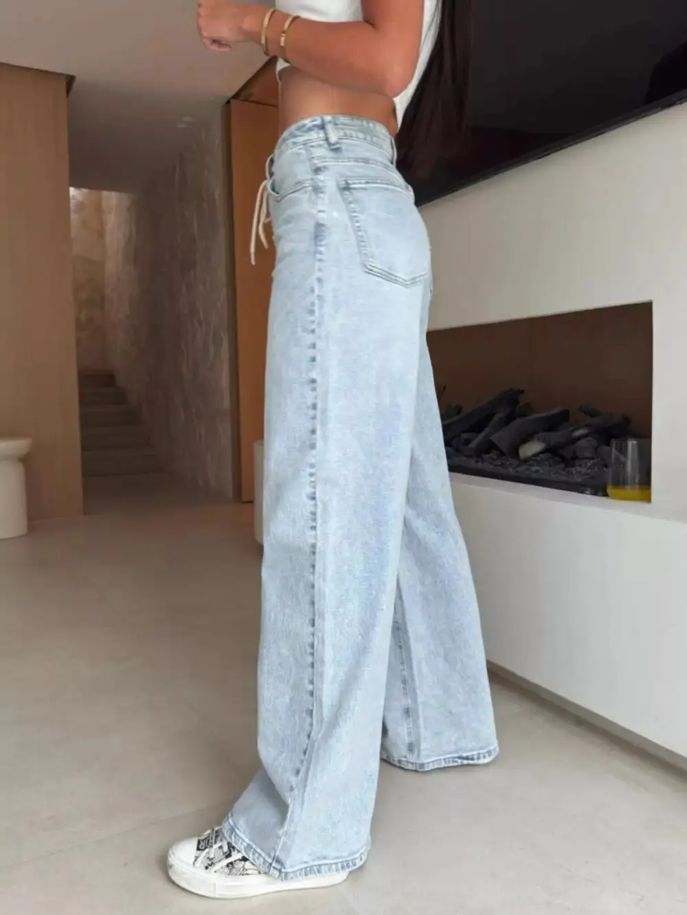 High Waist Wide Leg Lace Denim Jeans