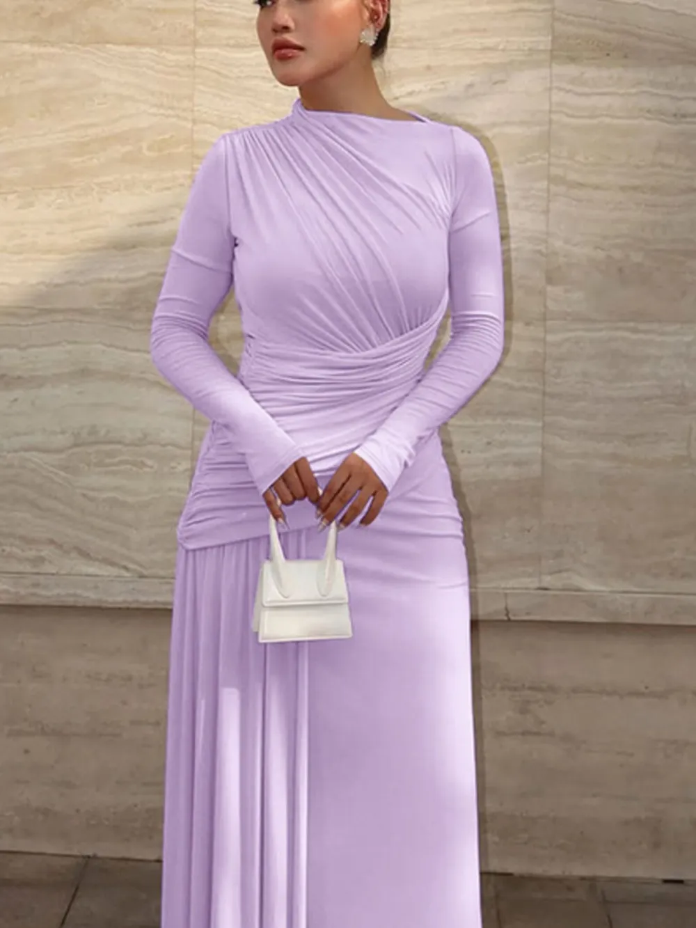 Layered Detail Ruched Long Sleeve Maxi Dress