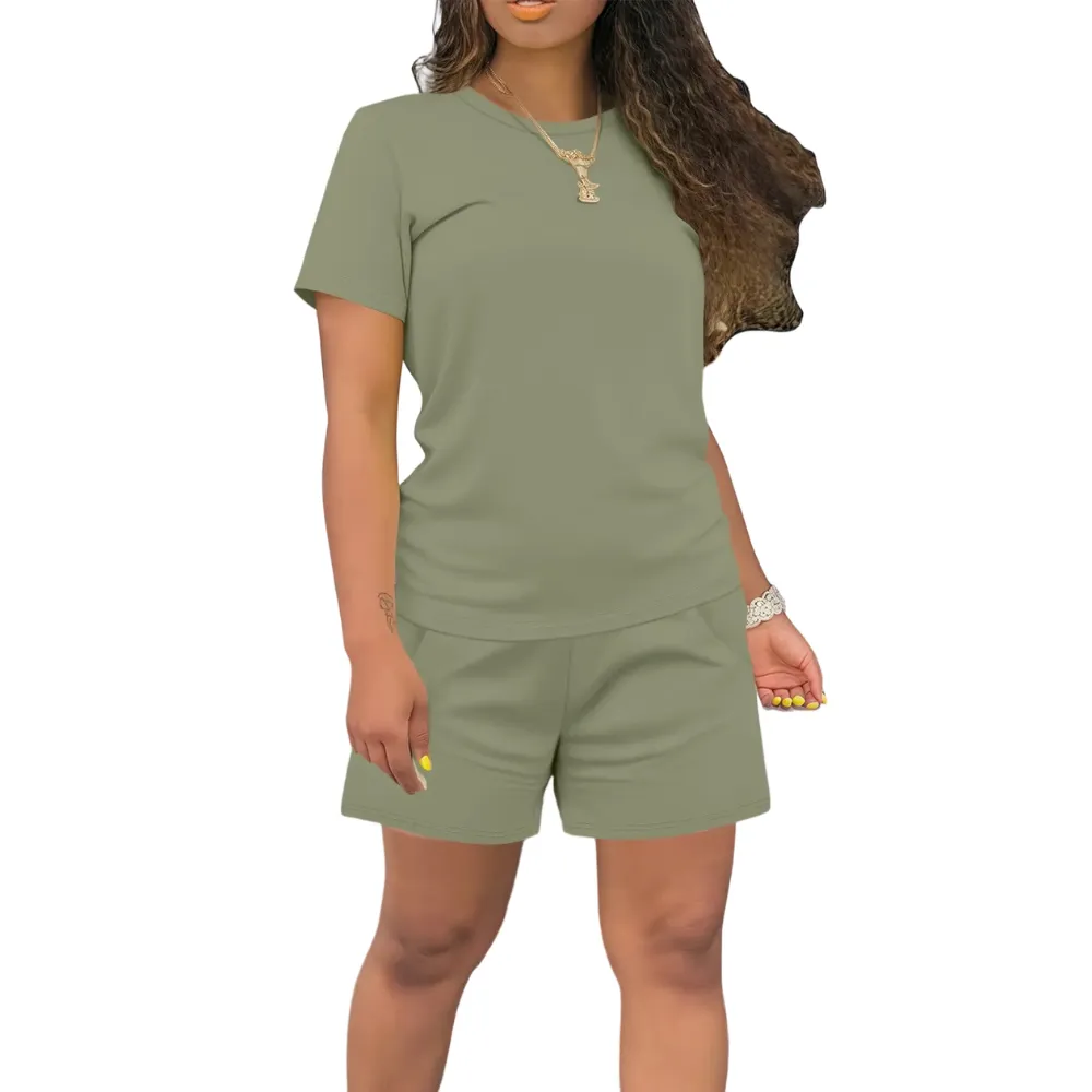 Women's Summer Casual 2 Piece Outfits Short Sleeve Top & Shorts Set Soft Regular Fit Loungewear