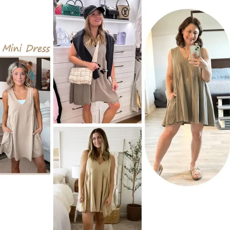 Women's Sleeveless Mini Dress Casual Loose V Neck Sundress with Pockets