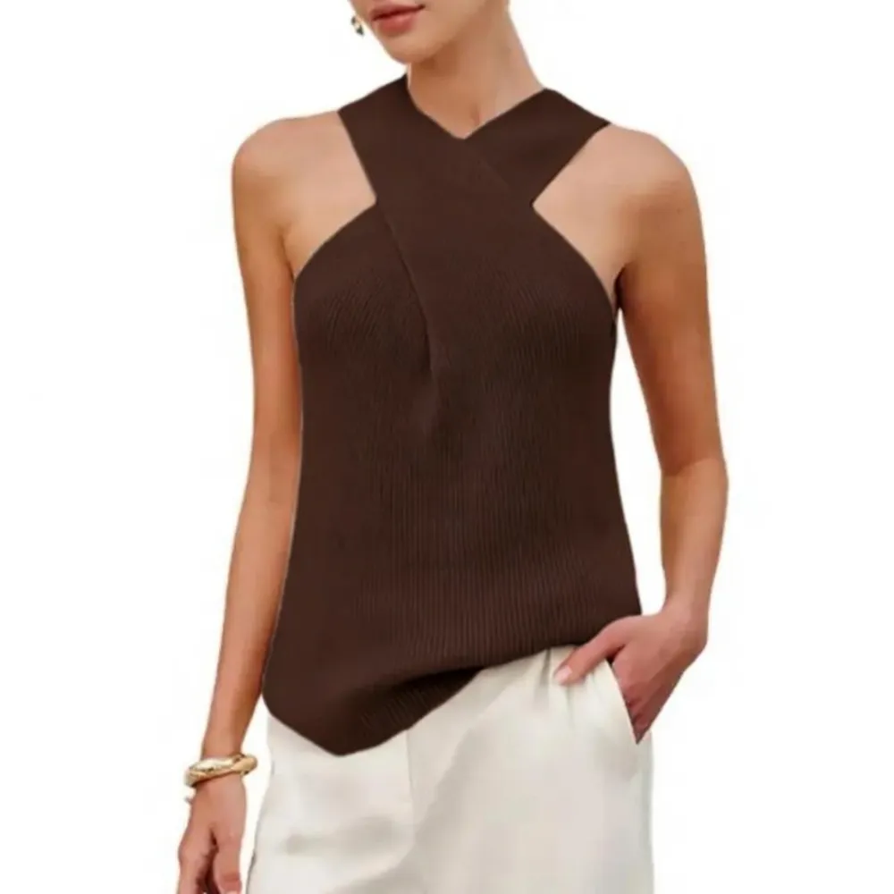 Tanming Women's Halter Cross Over Collar Tank Knit Sleeveless Camisole Top