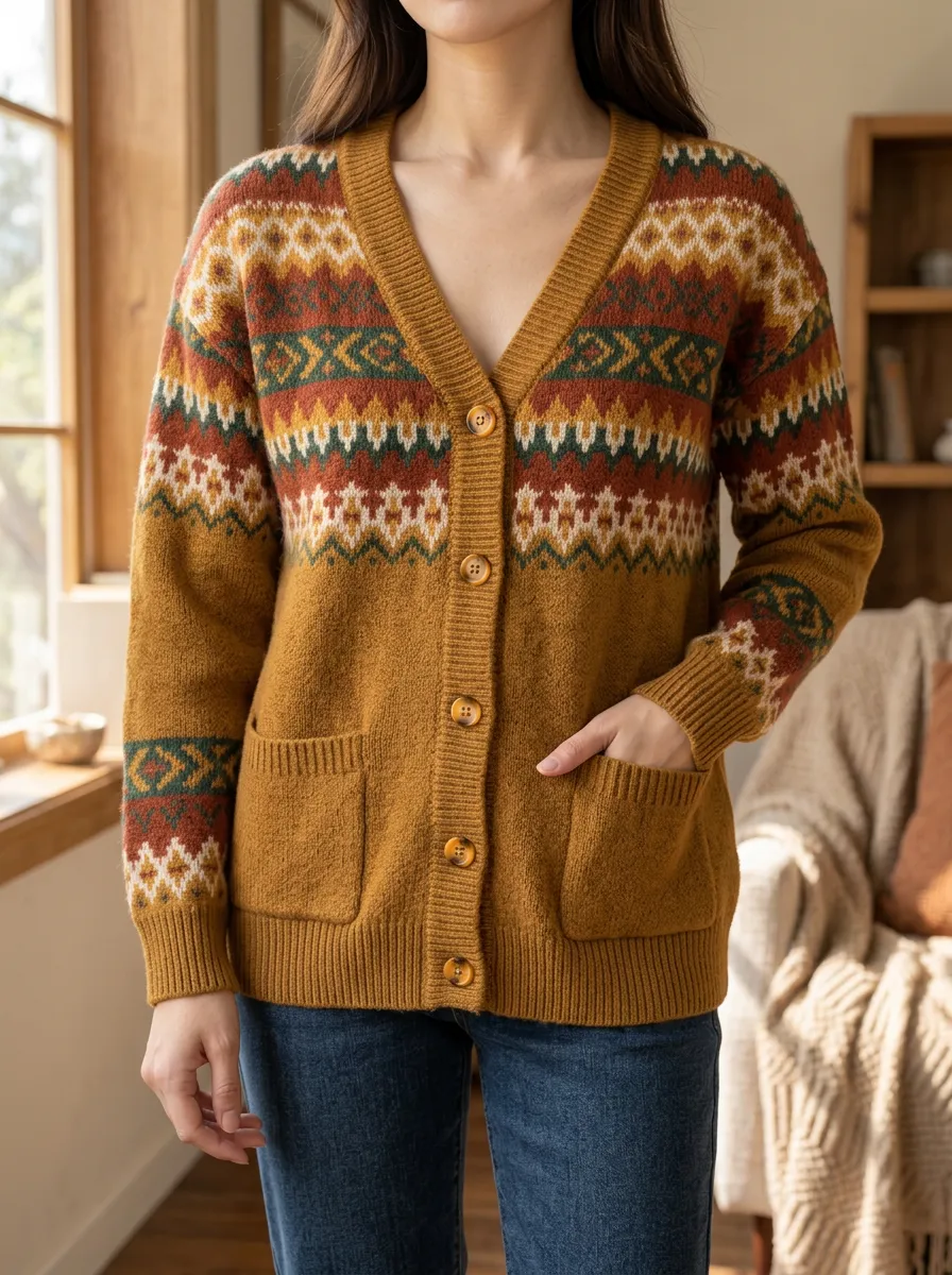 Women's Boho Autumn Fair Isle Printed Cardigan