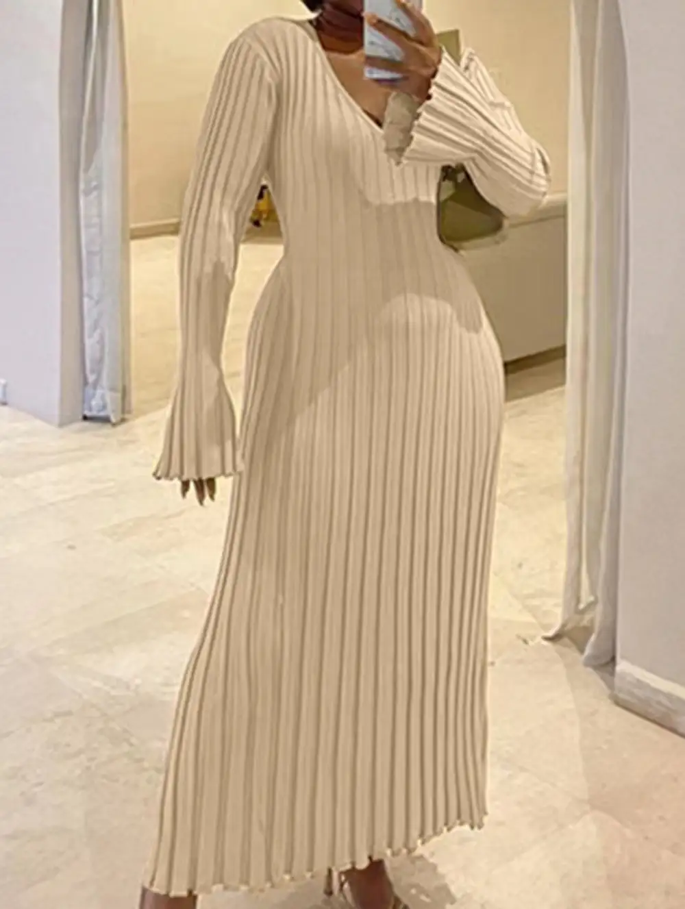 Fitted Waist Ribbed Knit Dress