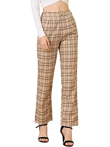 Women's Plaid Pants Elastic Waist Casual Work Office Long Trousers