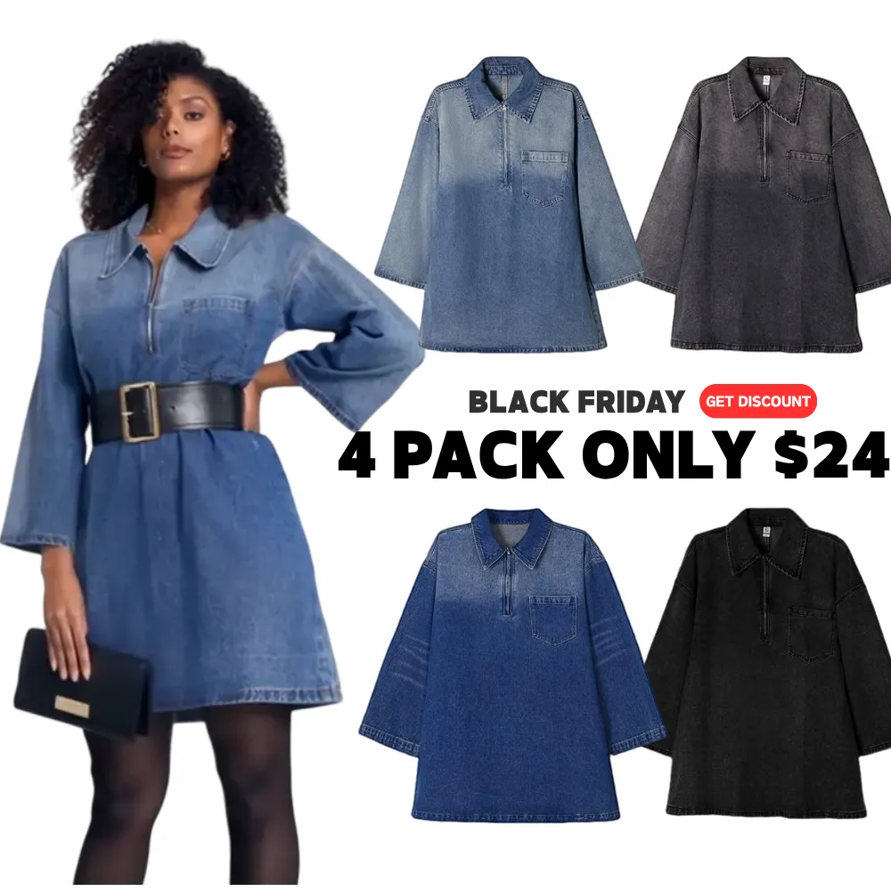 🔥 Loose Fit Denim Dress 👖 Vintage Blue Half-Zip | BF Fall Daily Must-Have 💰