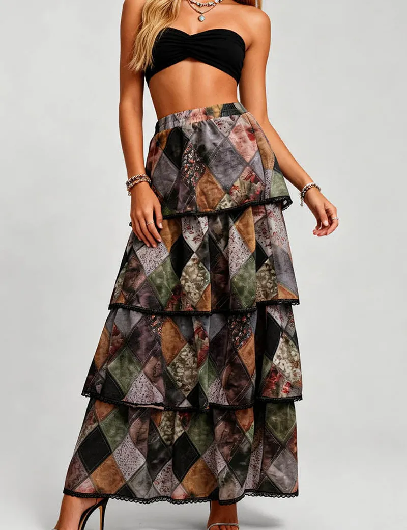 Diamond Pattern Tiered Ruffle Maxi Skirt