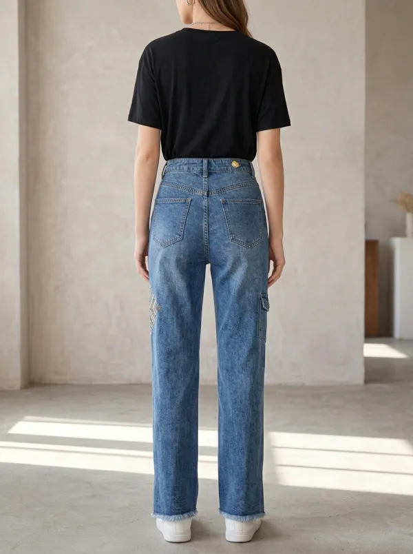 Women's Geometric Pattern Cargo Printed Denim Jeans