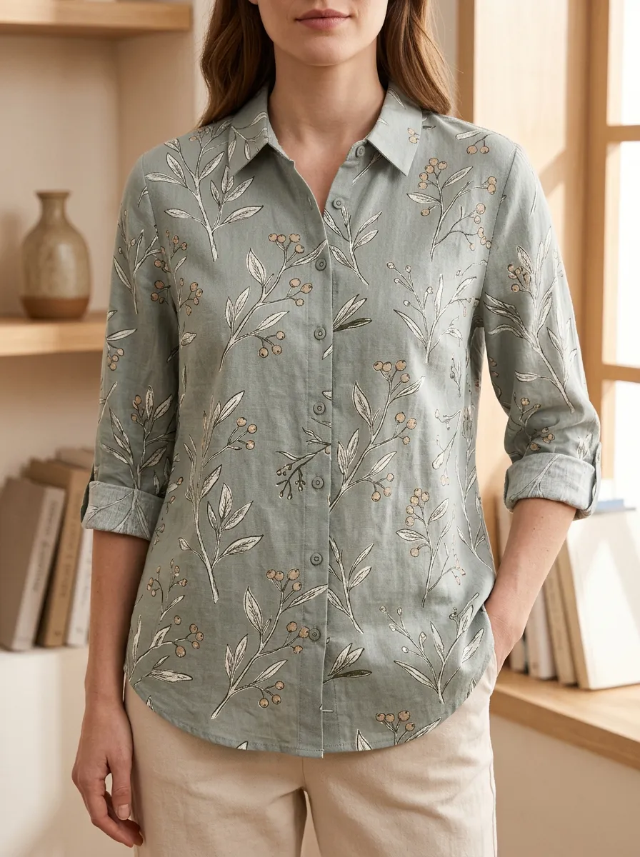 Women's Botanical Nature Lover Sage Green Berry Branch Printed Shirt