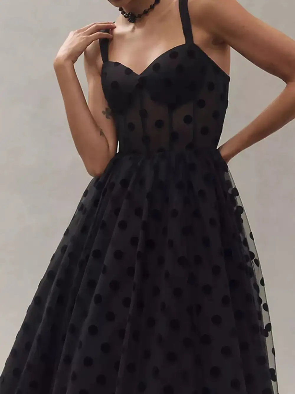 Polka Dot Tulle Sleeveless Midi Dress