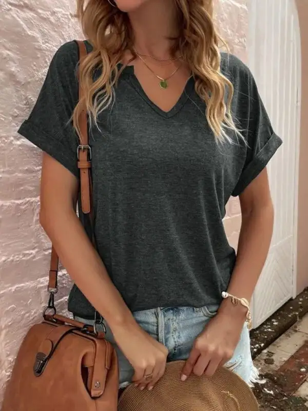 Notched-Neck Short-Sleeve Knit Relaxed T-Shirt