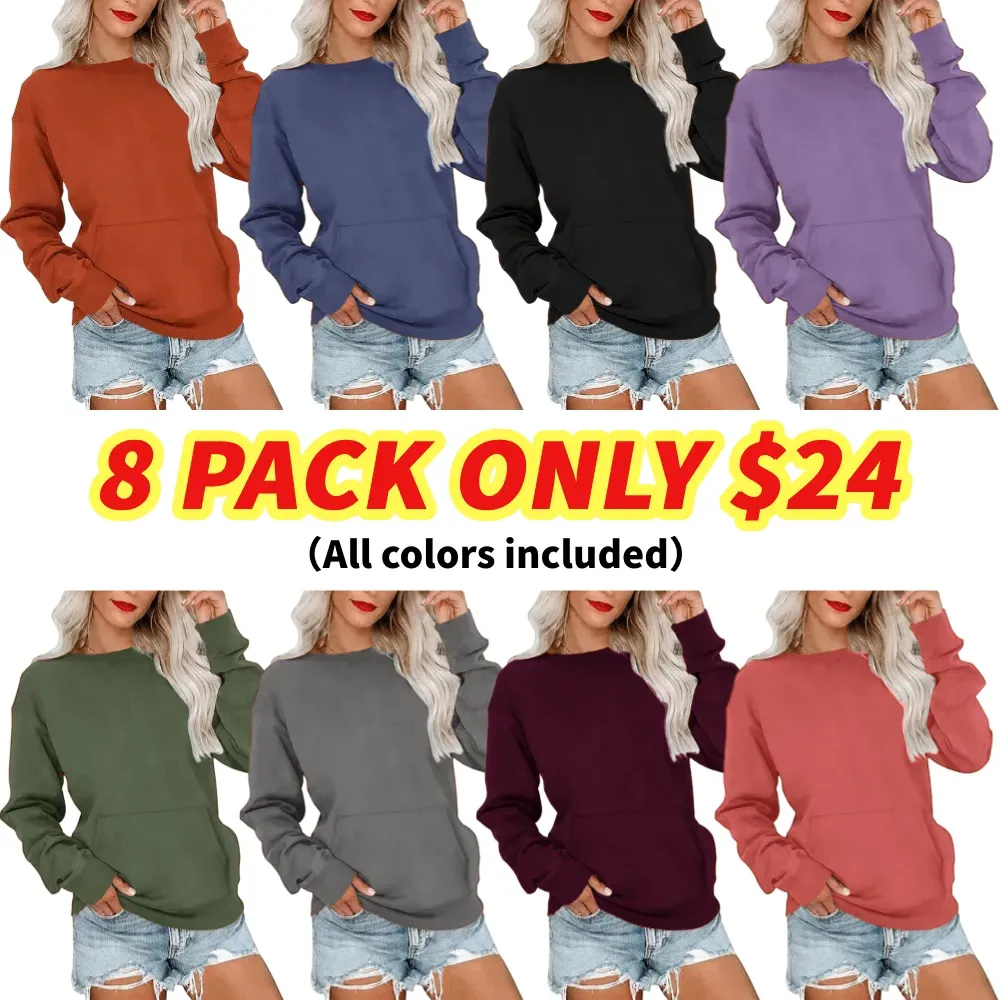 Women's Crewneck Hoodless Sweatshirt With Kangaroo Pocket Fleece Longsleeve Oversized Casual Style Shirt Lightweight Pullover